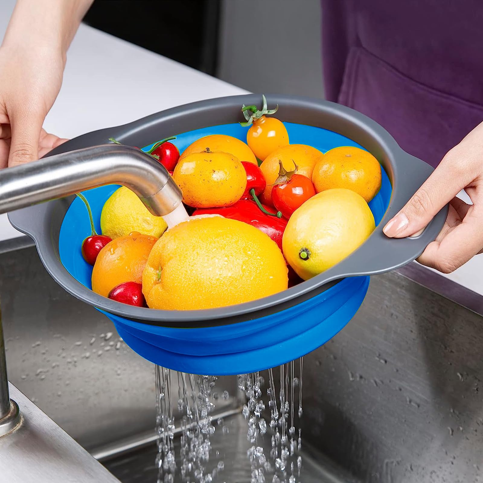 Colador plegable, juego de 2 coladores plegables, cocina que ahorra espacio, colador plegable de silicona de grado alimenticio con mango (azul) 7