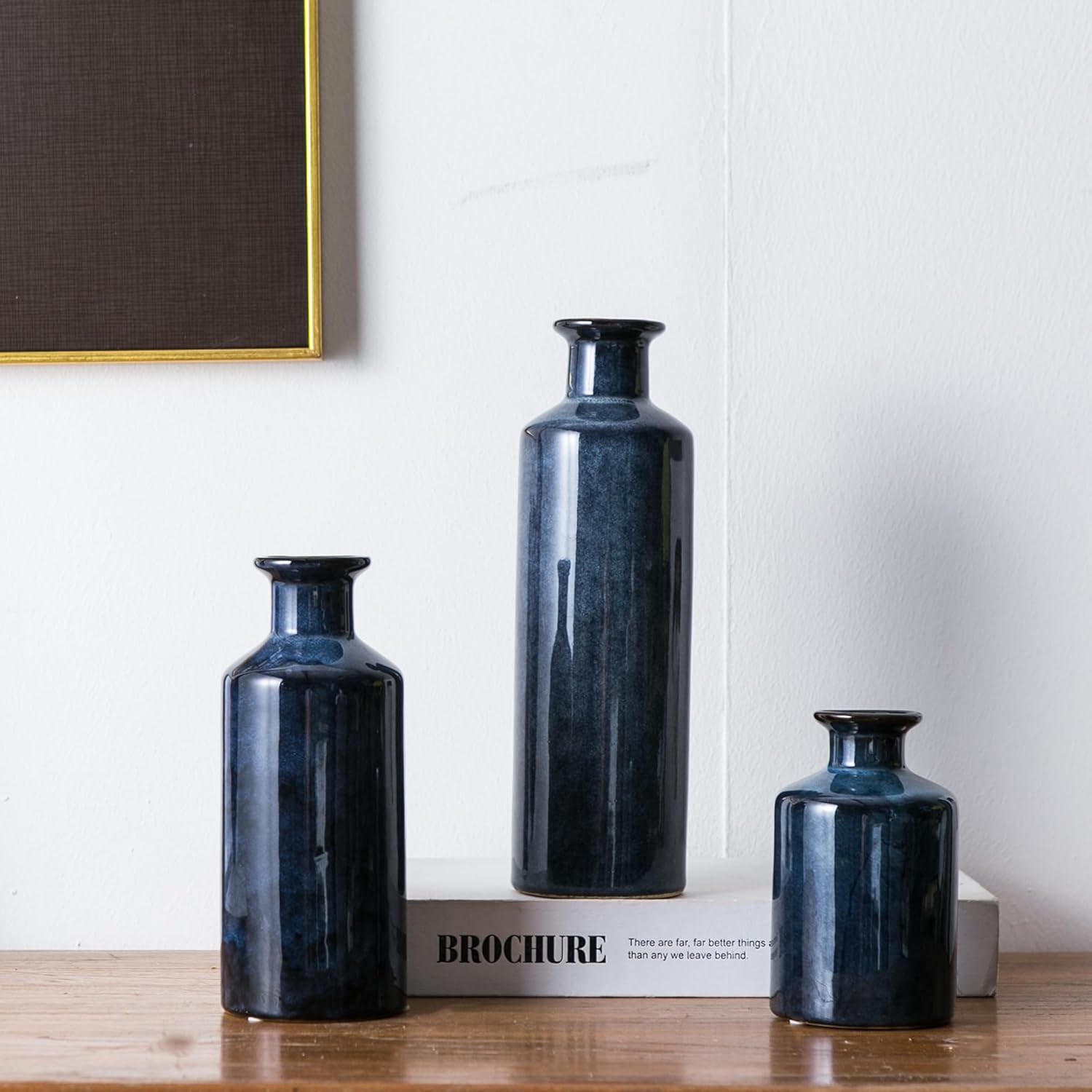 Blue Ceramic Vase Set of 3, Modern Farmhouse Small Vases, Rustic Terracotta Bottles for Living Room Fireplace, Centerpiece Table Decor - Image 9