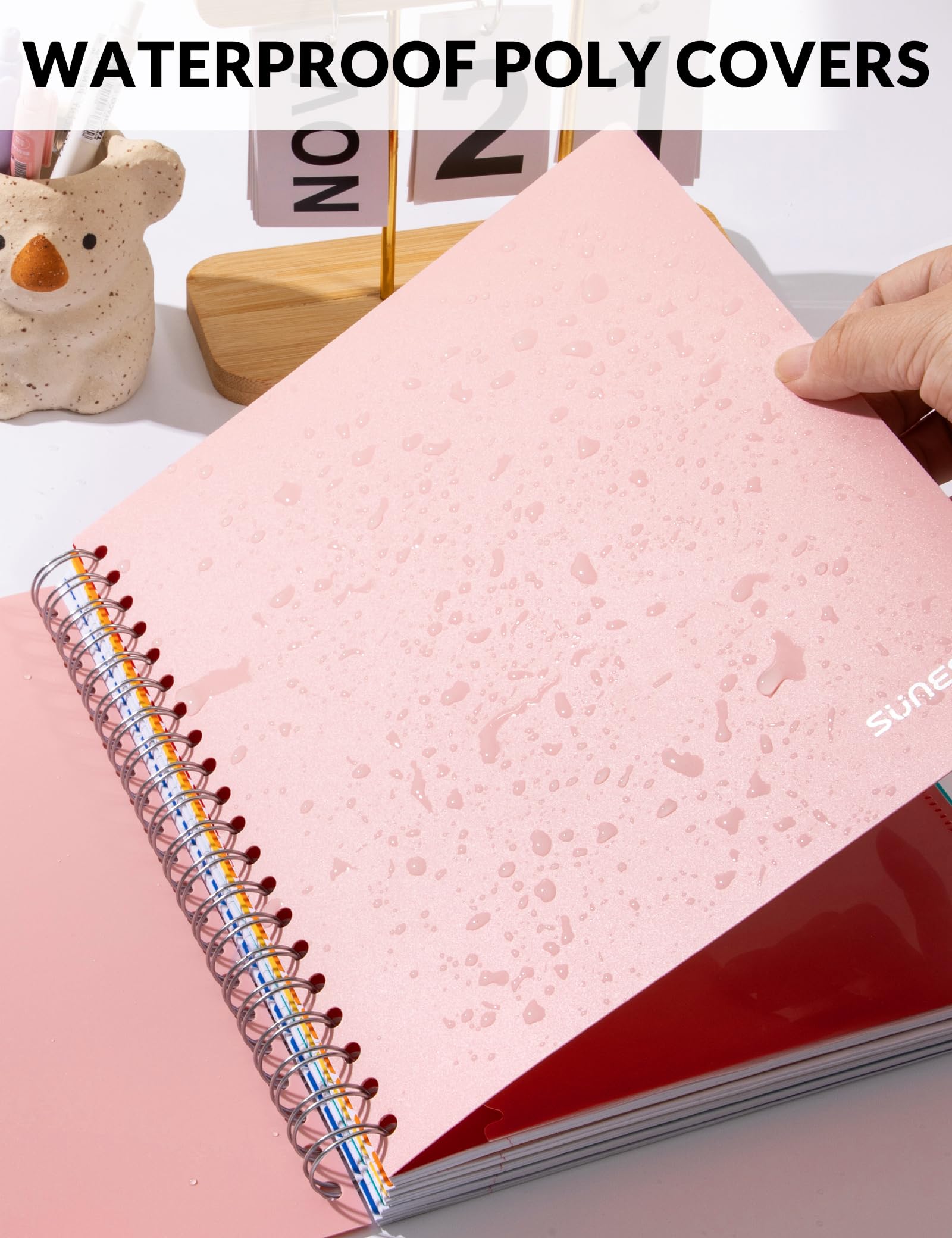 SUNEE Quaderni a spirale per lavoro con divisori e linguette rimovibili - 5 soggetti a righe, 300 pagine, 3 fori, copertina in polipropilene resistente, 20,3 x 26,7 cm, per ufficio o scuola, rosa