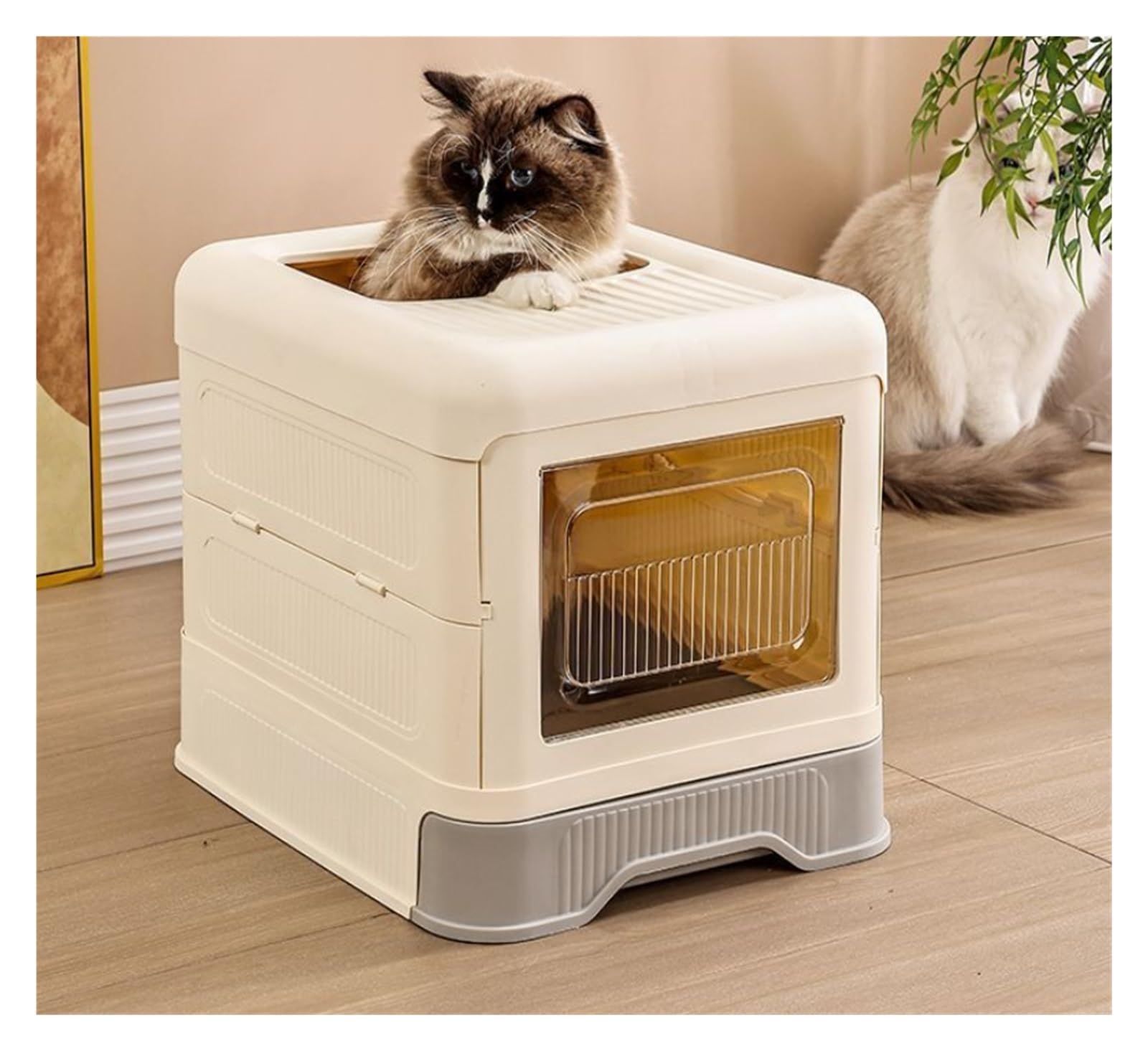 Caja de arena para gatos totalmente cerrada con tapa y cajón, plegable, entrada frontal, bandeja de salida superior, antisalpicaduras (gris)