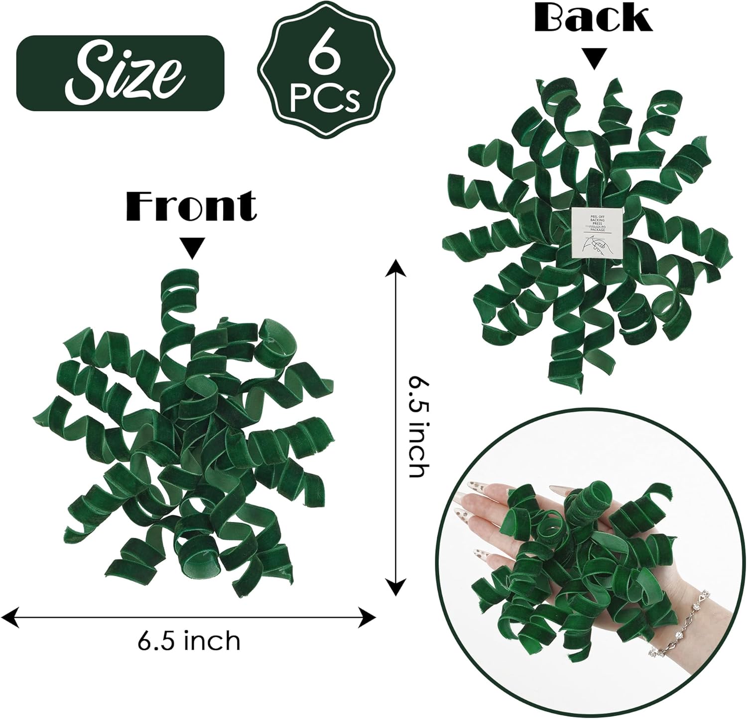 AIMUDI Dark Green Velvet Curly Bows for Gift Wrapping 6.5'' Christmas Gift Bows Self Adhesive Velvet Bows for Presents, Treat Bags, Wine Bottles Party Holiday Decorations - 6 Counts - Image 3