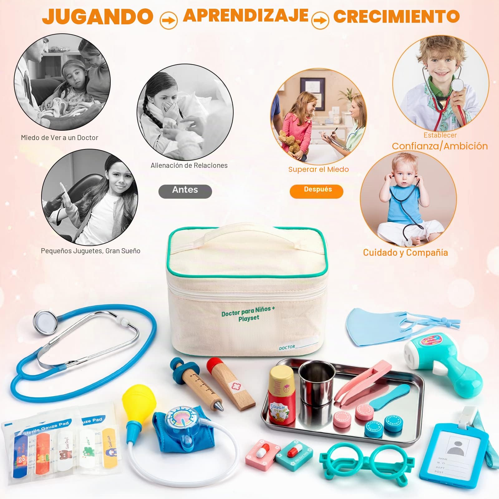 Sundaymot maletin Medico Juguete, Madera Doctora Estetoscopio Juego Herramienta de para Niños, Regalo médico a Partir de 3, 4 y 5 años