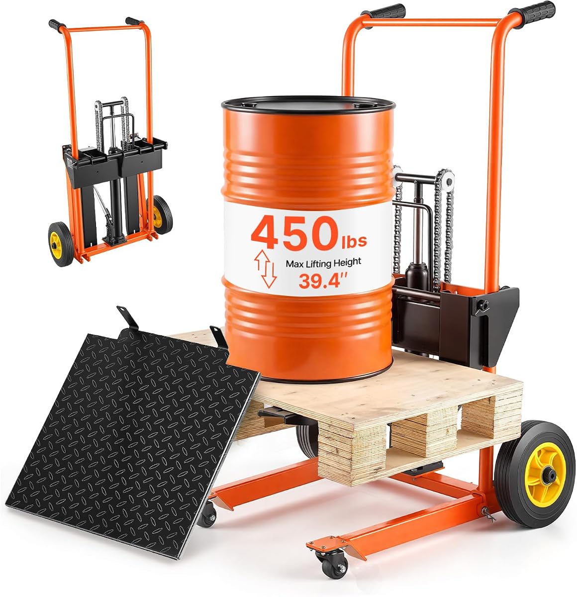 VEVOR Apilador de cabrestante hidráulico de elevación de material, capacidad de carga de 450 libras, altura de elevación máxima de 39.4 pulgadas, plataforma rodante con mesa elevadora de horquilla, carrito de mesa plegable y portátil, naranja y negro