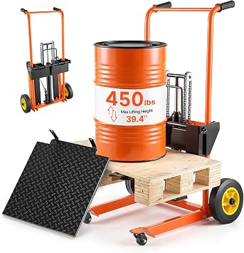 VEVOR Hydraulic Material Lift Winch Stacker, 450 lbs Load Capacity, Pallet Truck Dolly with Fork Lift Table, 39.4 Inches Max Lifting Height, Foldable & Portable Pallet Jack Table Cart, Orange & Black