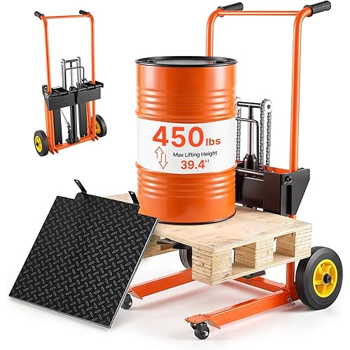 VEVOR Hydraulic Material Lift Winch Stacker, 450 lbs Load Capacity, 39.4'' Max Lifting Height, Pallet Truck Dolly with Fork Lift Table, Foldable & Portable Pallet Jack Table Cart, Orange & Black