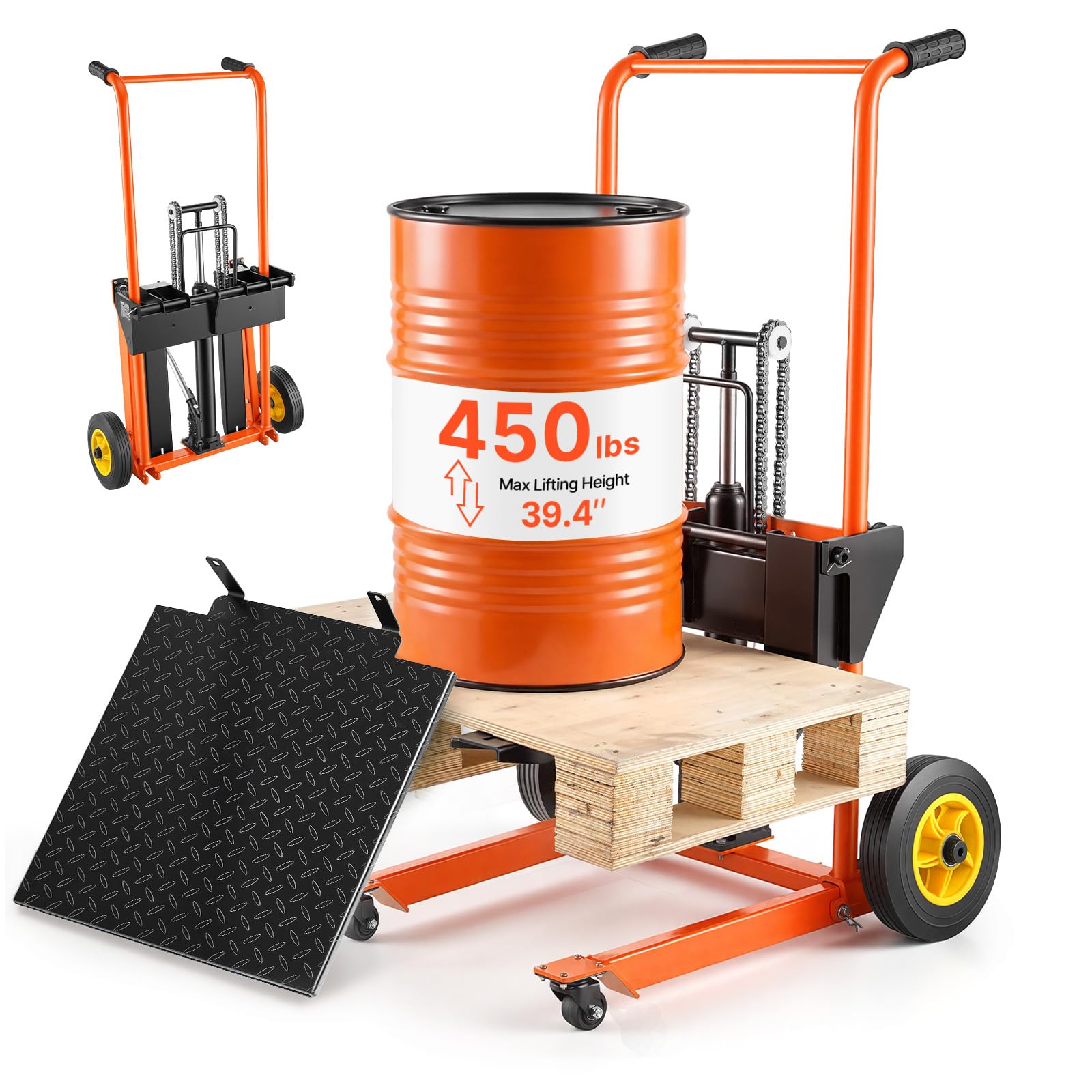 VEVOR Hochhubwagen Manuell 205 kg, Plattformhochhubwagen mit Gabelstaplertisch, Max. Hubhöhe 100 cm, Material Hebewinde Stapler, Plattformstapler, Handstapler, Palettenwagen, Orange & Schwarz