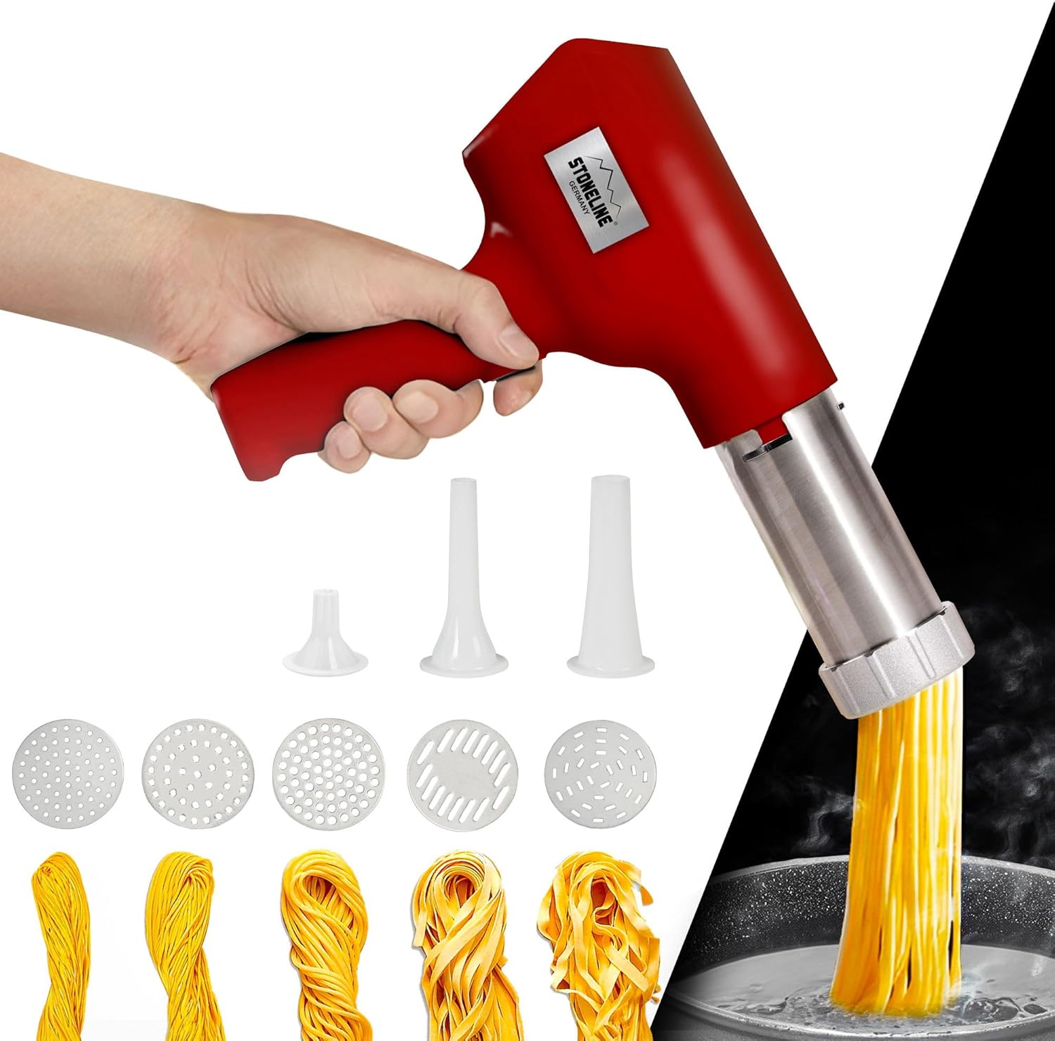 STONELINE Electric Pasta Maker with various pasta shapes and gnocchi funnels
