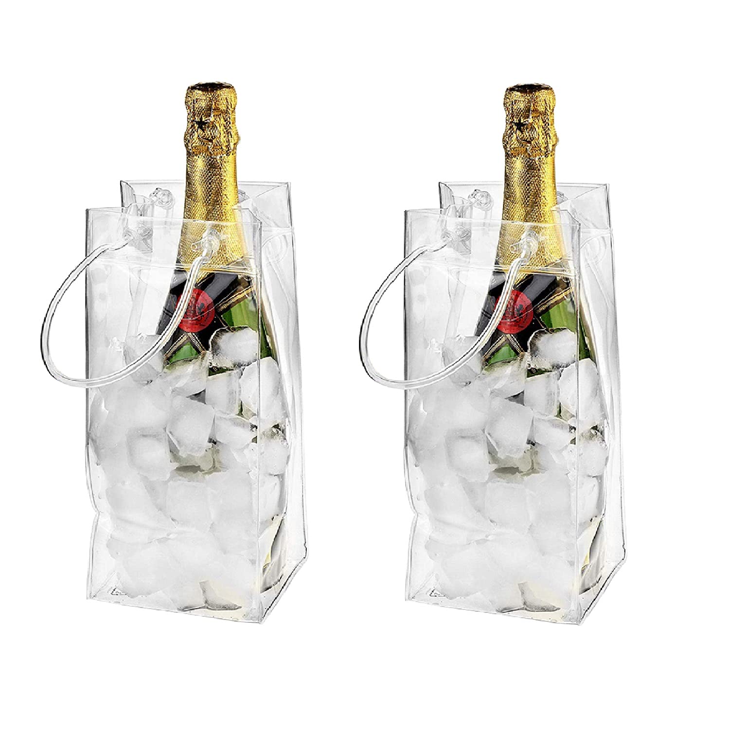 5 Stück Eisbeutel Flaschenkühler Auslaufsichere Eisbehälter, Transparente PVC Eistasche Tragbare Kühltasche mit Griff für Champagner Wein Getränke 25 * 11cm (2 Stück)