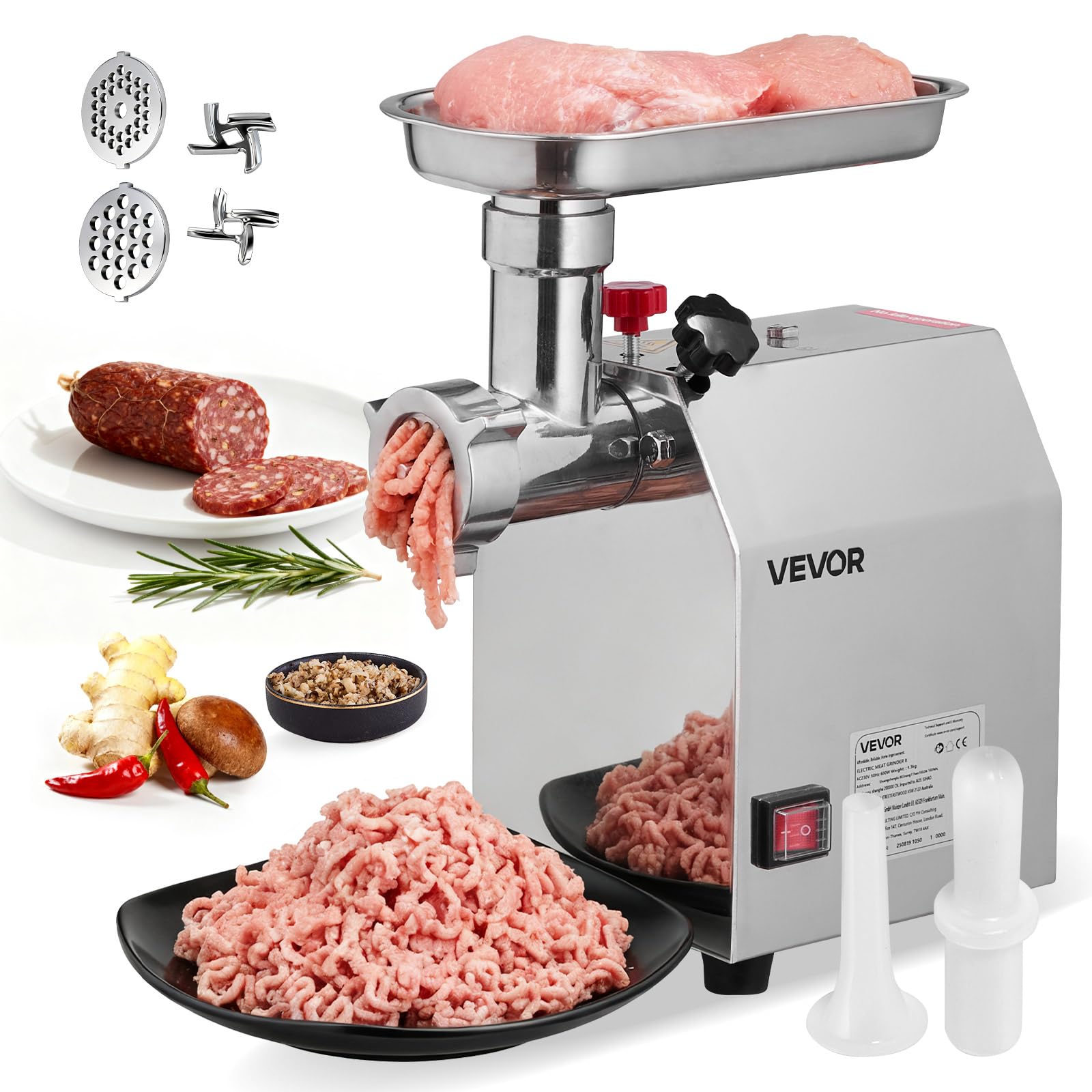 VEVOR Tritacarne Elettrico Capacità 2,04 kg/min, Tritacarne da Tavolo da 600 W con Lama Piastra di Macinazione, Macchina per Salsicce Commerciale in Acciaio Inox per Cucina Ristorante Hotel