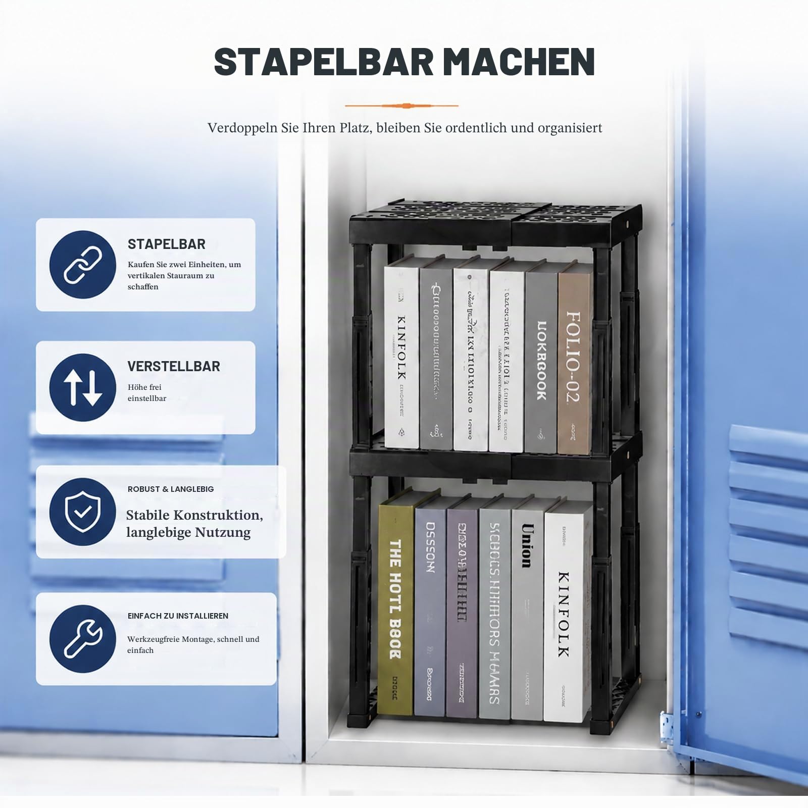 Verstellbare Höhe und Breite Schulschrank-Organizer, stapelbarer Organizer, für Fitnessstudio- und Büro-Schrank-Utensilien, Schwarz