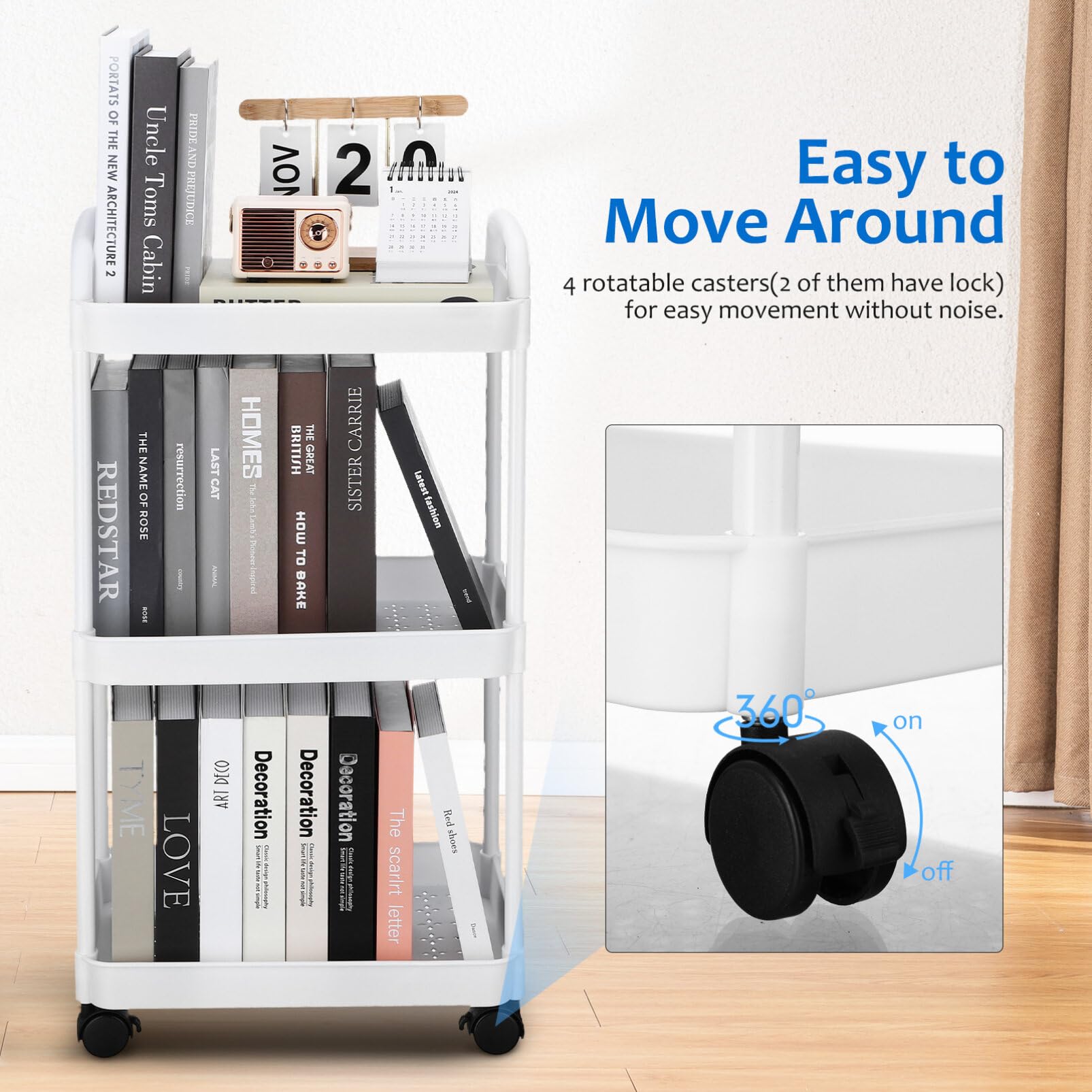 Carrito Organizador Ruedas de 3 Niveles, Plástico Blanco, Portátil | Diseño Simple y Elegante, Montaje Fácil, Amplio Espacio, Uso en Dormitorio y Habitación
