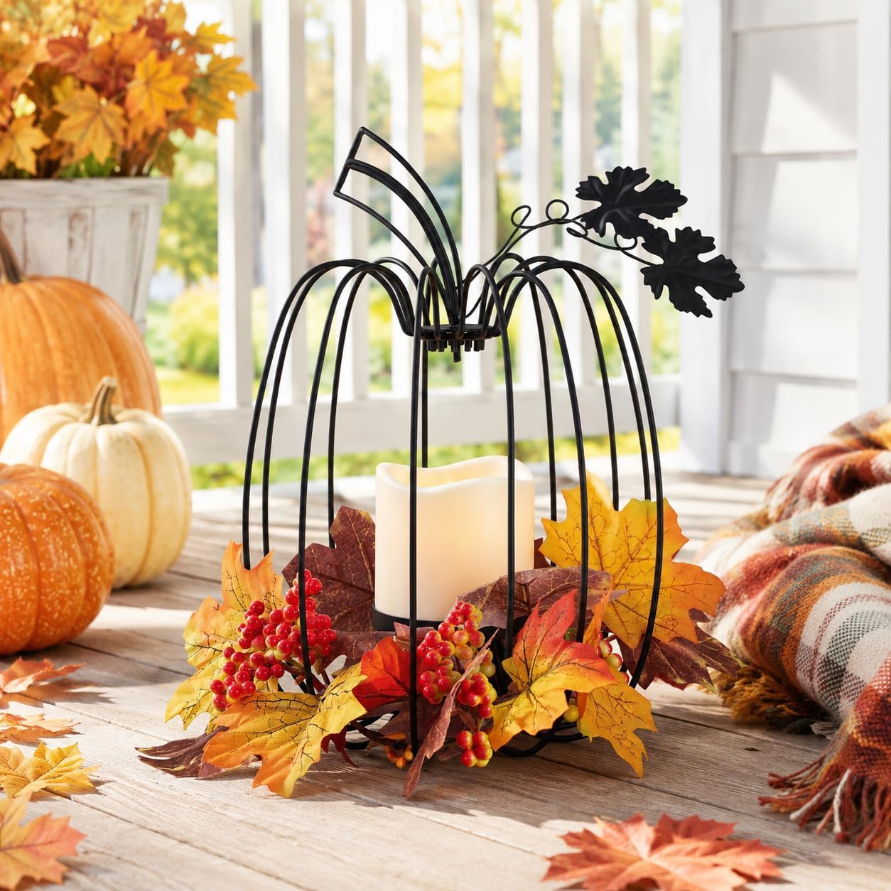 NEEDOMO Fall Decorations for Home,Pumpkin Lanterns Decorative Indoor & Outdoor Black Wrought Iron Pumpkin Shape Tealight Candle Holder for Vintage Wedding Thanksgiving Halloween Decor