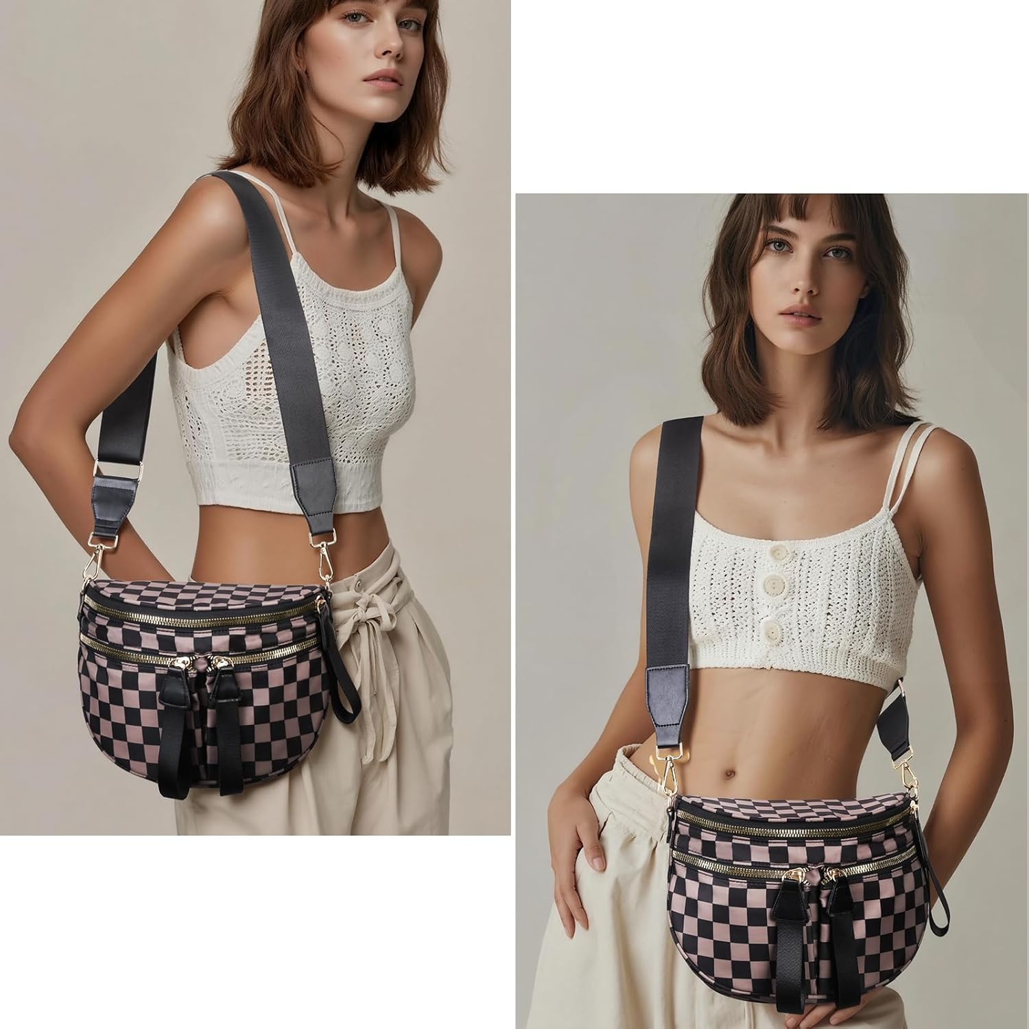 hibear Checkered Crossbody Bag Spacious Bum Bags for Women Nylon Crossbody Fanny Packs Checkered Purse Belt Wallet - Image 2
