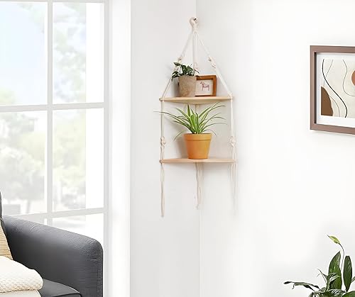 Miniatura 5 de Artilady Estante esquinero blanco para colgar en la pared, estantes flotantes de madera de 2 niveles, estante de pared rústico bohemio para