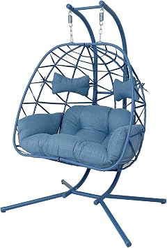 2 Person Double Hanging Egg Chair, Oversized Wicker Rattan Loveseat Swing Chair, Heavy Duty 600lbs Capacity, Foldable Basket Hammock Chair with Thick Cushion for Indoor Outdoor Patio Bedroo
