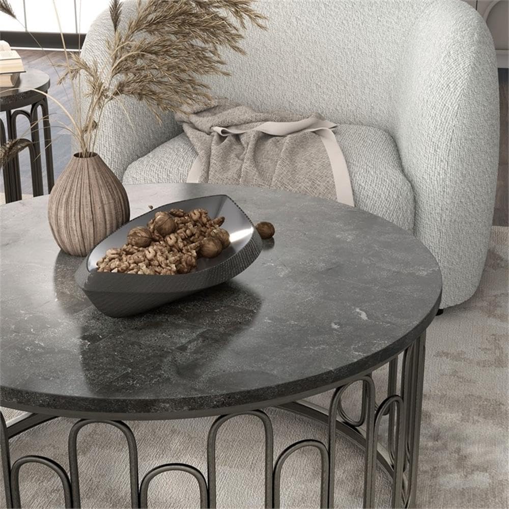 BOWERY HILL 3-Piece Marble and Metal Coffee Table Set in Black Finish, Includes 36 in Round Table and 2 End Tables 20 in with Decorative Iron Base, Contemporary Style
