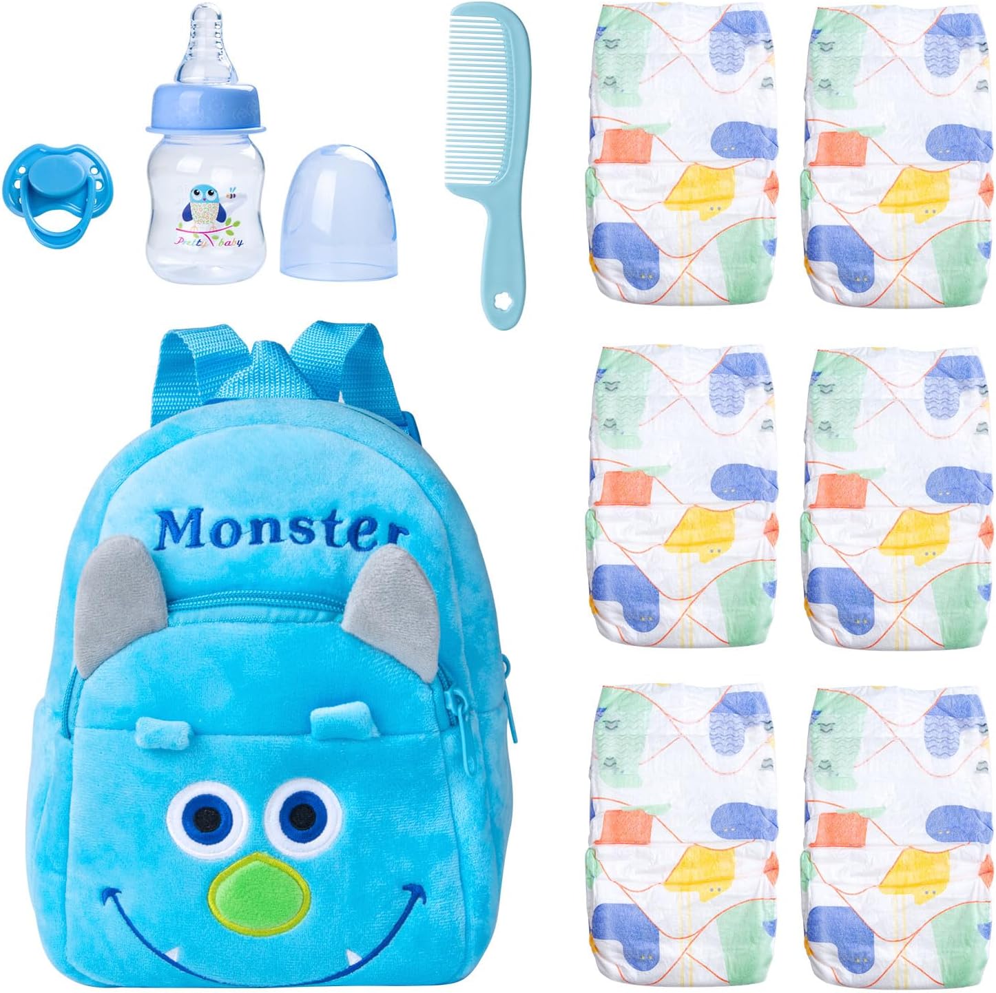 10 Pcs Reborn Baby Doll Diaper Bag Care and Feeding Set for 17-24 inches Reborn Dolls Newborn Baby Accessories with Monster Backpack Diapers Pacifier Bottle Comb