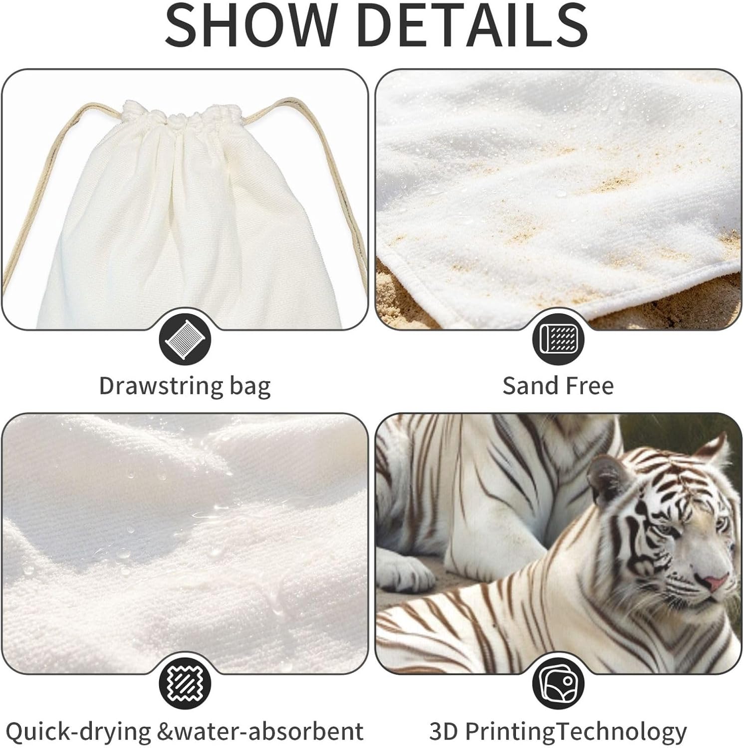 2 in 1 Packable Towel Bag,Soft Absorbent Pool Towels Backpack Quick Dry Lightweight Beach Towels White Tigers Drawstring Bag for Travel Camping Sports Picnic image 4