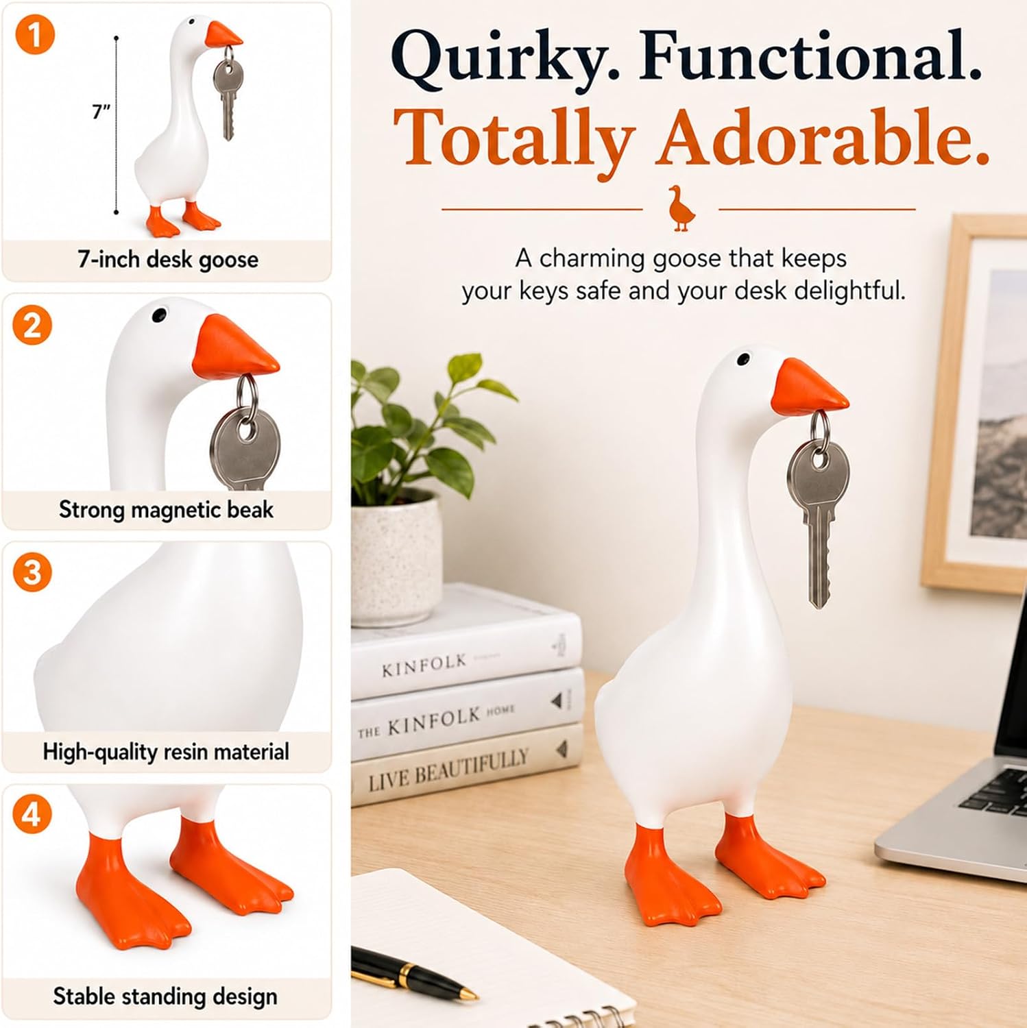Desk Goose 7 Inch, Mini Desktop Goose Statue Key Holder, for Women House Warming Birthday Gifts and Desk Decor (Standing Goose)