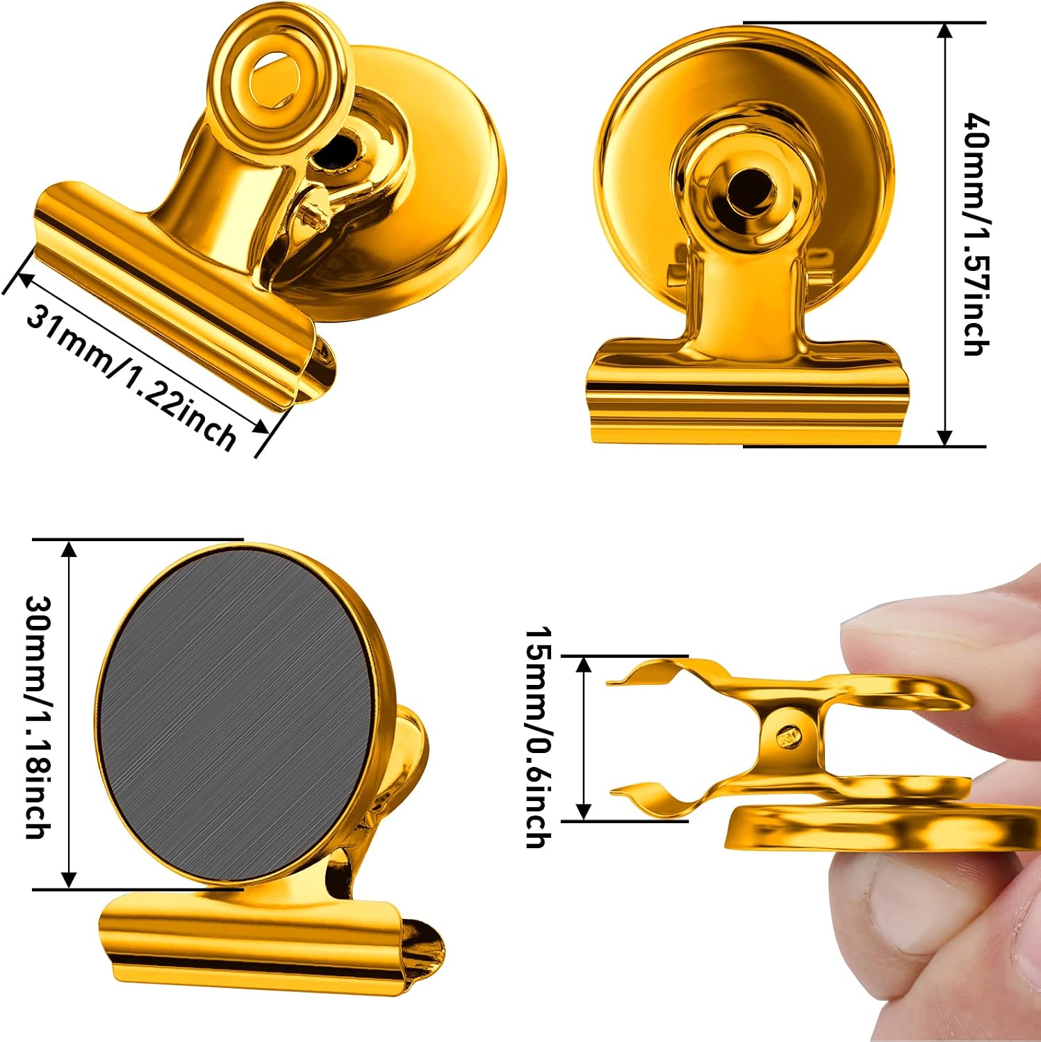 FINDMAG 12 Pack Magnetic Clips for Photo Display and Picture Hanging, Heavy Duty Scratch-Free Fridge Magnets, Strong Clips for Photo Display, Office, Kitchen, School, Sculptural Picture Frame, Gold