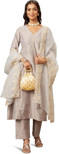 Amazon Brand - Myx Women's Kurta Pant Set with Embroidered Organza Dupatta |A-line fit (Available in Plus Sizes)