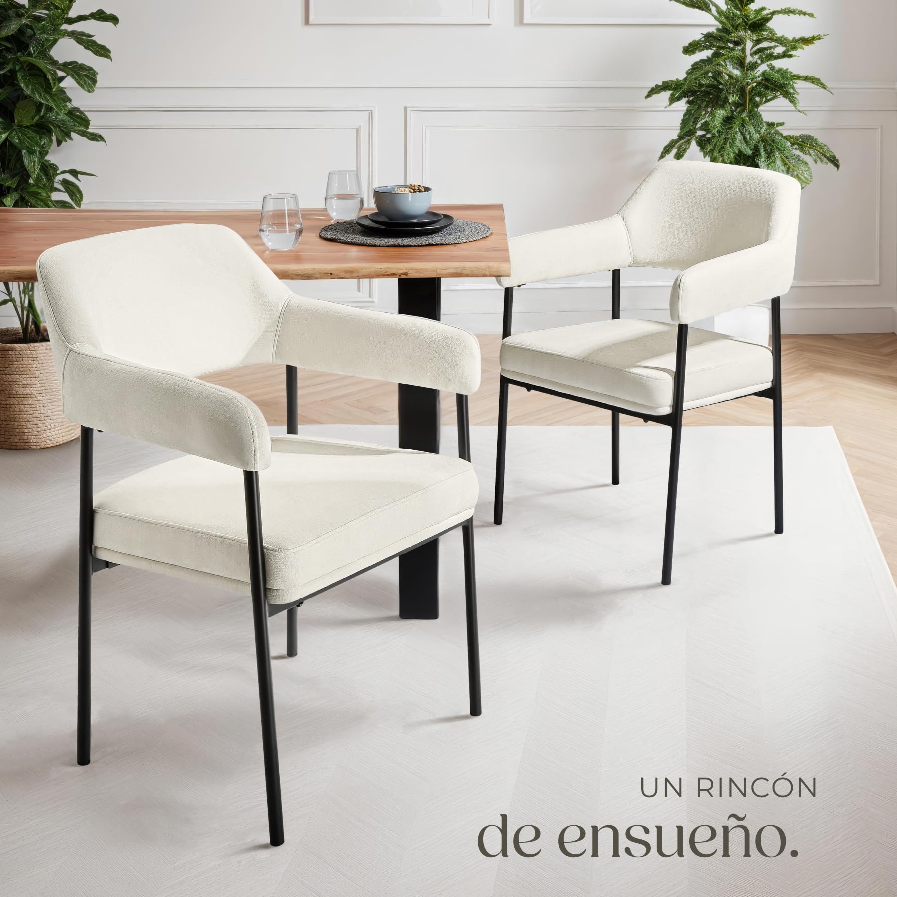 tectake® Silla de Comedor Acolchada, Tapizada en Tela, con Respaldo Continuo y Reposabrazos, Patas de Acero Estables, Silla para Cocina, Salón, Dormitorio - 2 sillas Tejido Blanco Roto/Negro