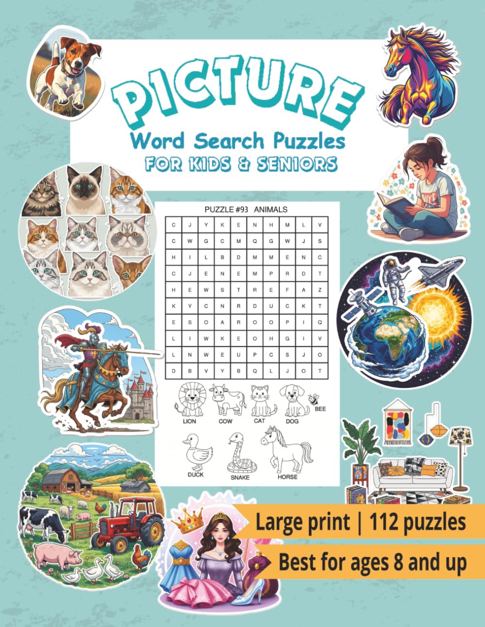 Picture Word Search Puzzles for Kids and Seniors: Large print, 112 puzzles, best for ages 8 and up, each word illustrated, educational puzzles, 8.5x11 inches (Illustrated Word Search Puzzle Books)