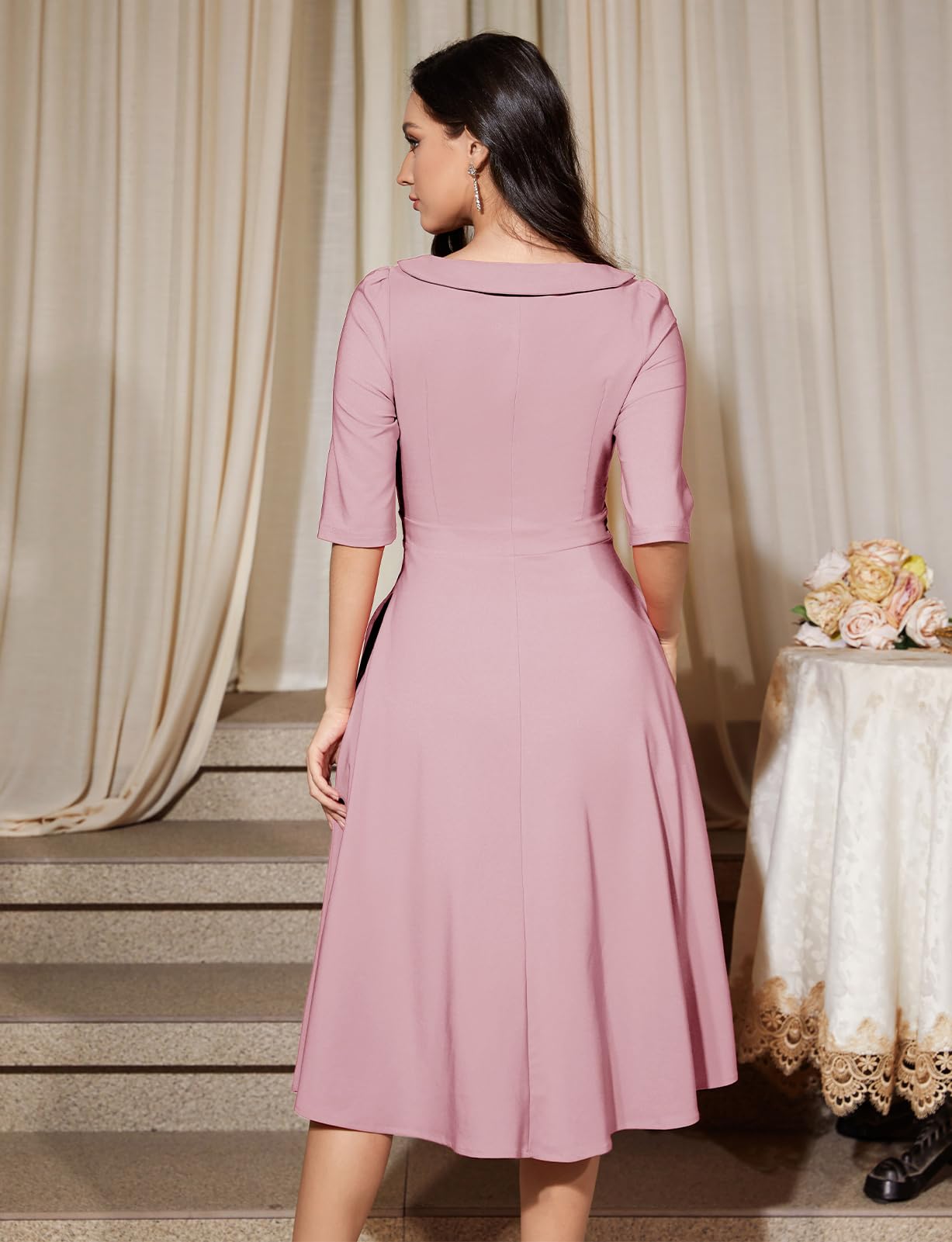 Bbonlinedress Abito da cocktail vintage da donna, formale, autunno, matrimonio, chiesa, a maniche lunghe, colletto alla Peter Pan, abito midi swing