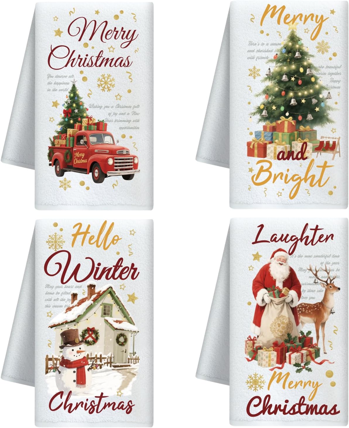 CUTHOLLOW Christmas Santa and Tree Decorative Kitchen Towels Set of 4, 15.74"x23.62" Soft & Absorbent Microfiber Dish Towel for Tea Coffee Bar Home, Best Gift for Housewarming Christmas Winter