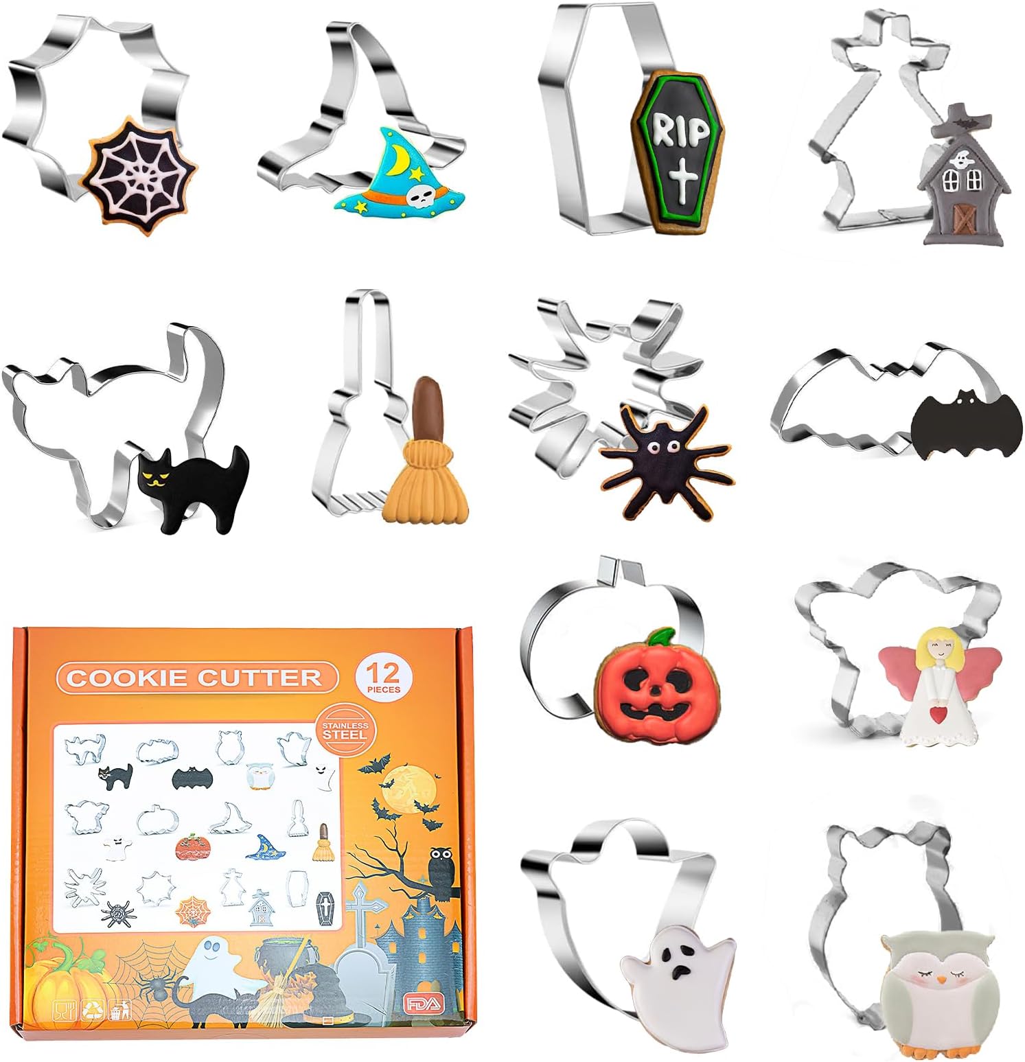 12 Stück Halloween Ausstechformen Set - Edelstahl Keksausstecher Für Plätzchen - Kürbis, Geister & Fledermäuse