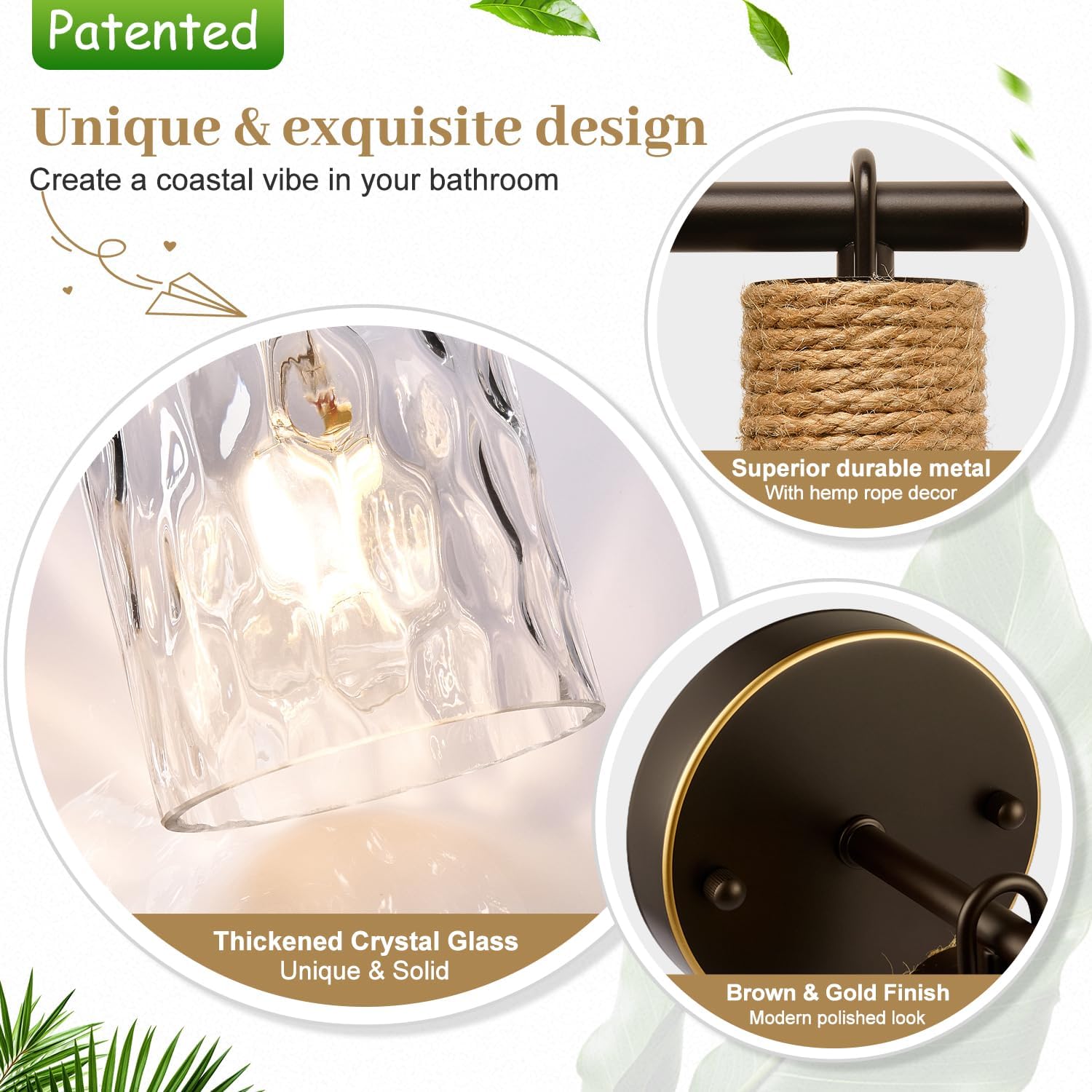 MOKATNG Set of 2 Wall Sconces for Bathroom, Coastal Modern Vanity Lights with Clear Glass Shade, Brown and Gold Bathroom Wall Lamp for Mirror Kitchen Living Room Hallway Cabinet Porch