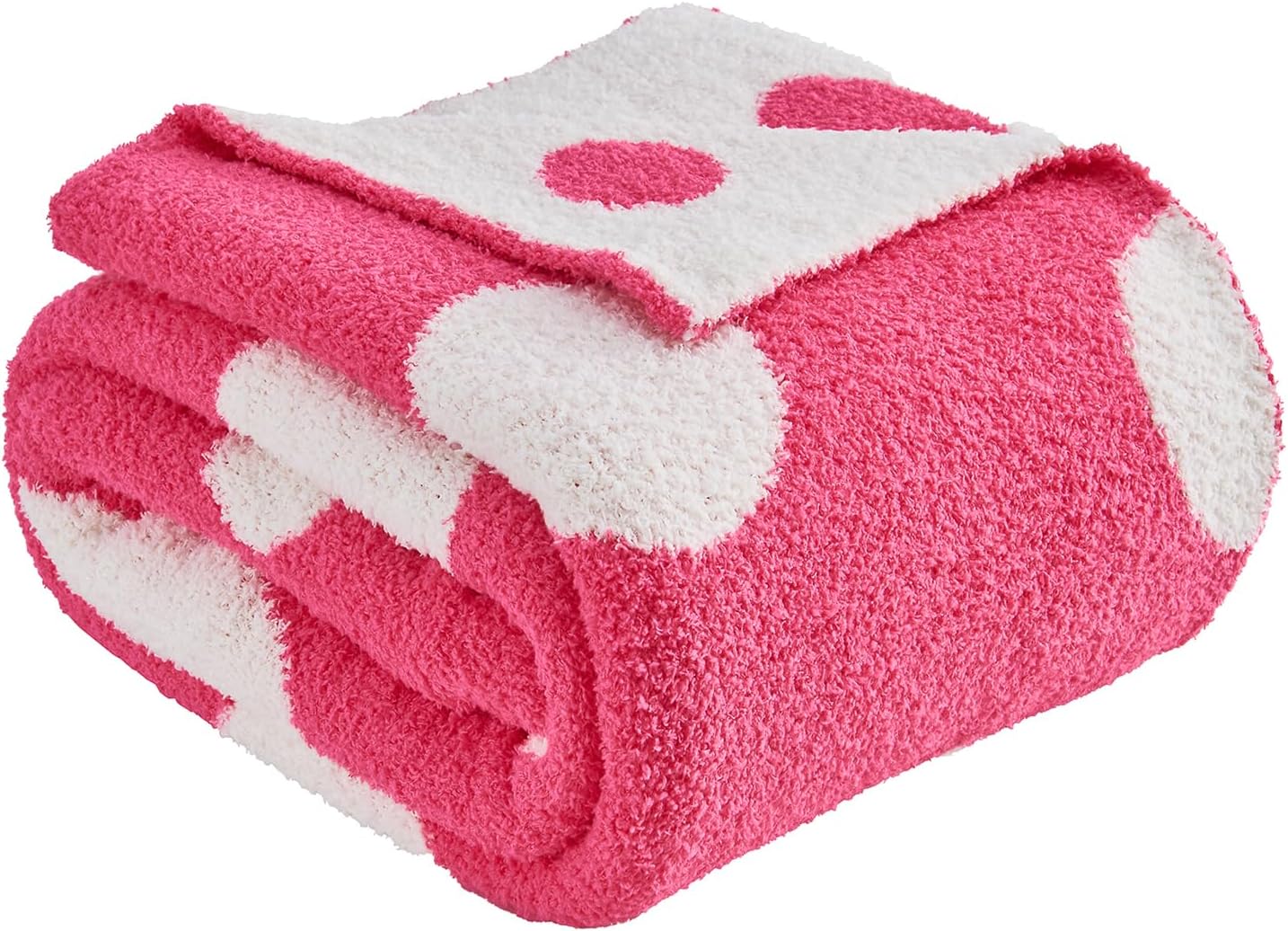 CozeCube Super Soft Fullfy Microfiber Reversible Knitted Blankets, Warm Cozy Fuzzy Plush Throw, Hot Pink and White Polka Dot Throw Blanket for Couch Bed Sofa, 50" x 60"