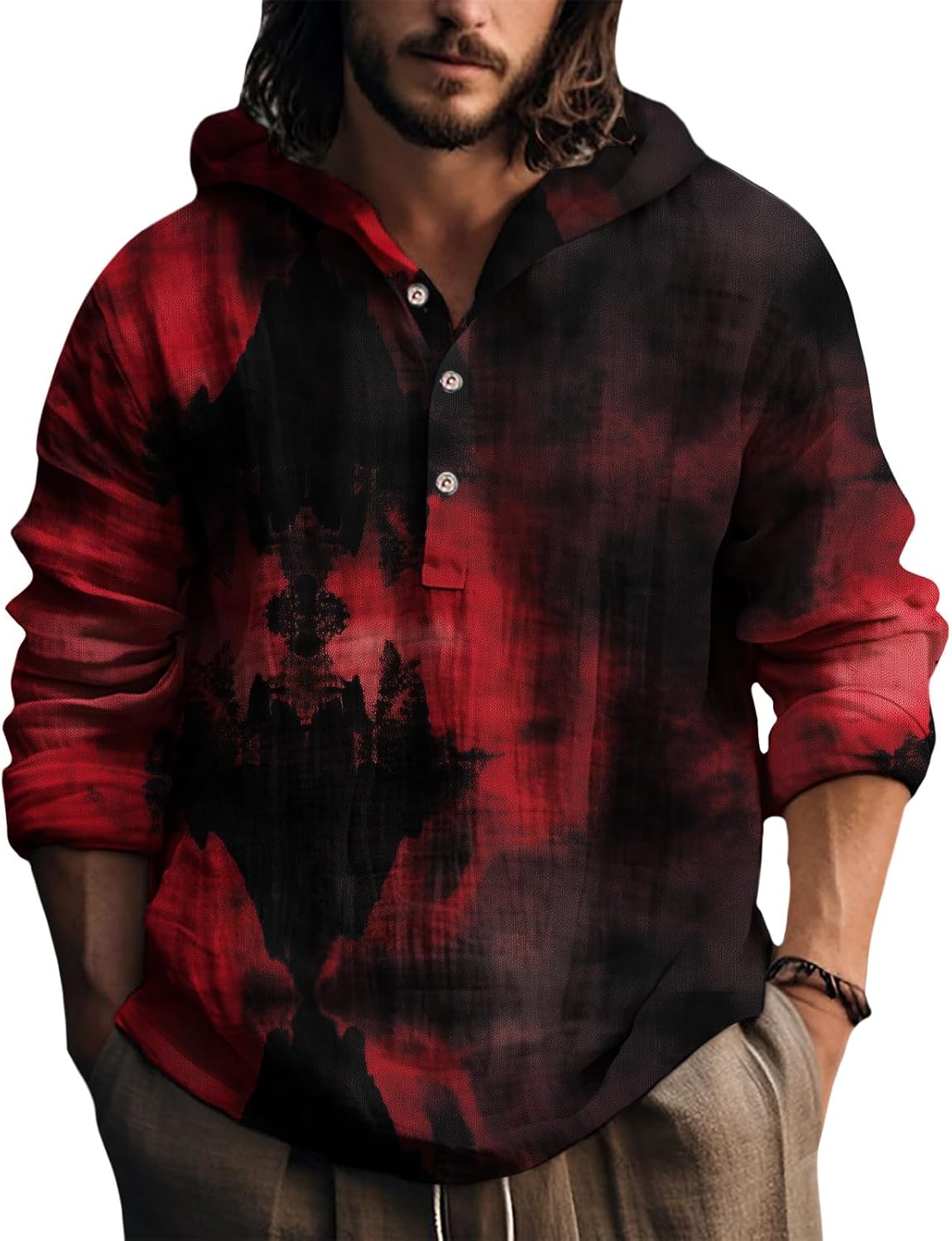 Mens Hooded Tie Dye Button Up Shirt Long Sleeve Casual Pullover Top Relaxed Fit Bea...