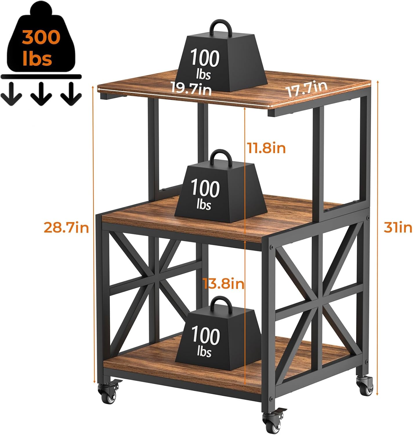 GreenForest Printer Stand with Lockable Wheels, Heavy Duty Printer Table with 3-Tier Storage Shelf for Home Office, Mobile Printer Cart for Small Spaces, 19.7"x17.7", Walnut