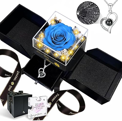 Miniatura 11 de Rosa real preservada, flores eternas, rosa para el día de la madre, para mamá, mujer, esposa, novia, en cumpleaños, San Valentín, con collar "I Love