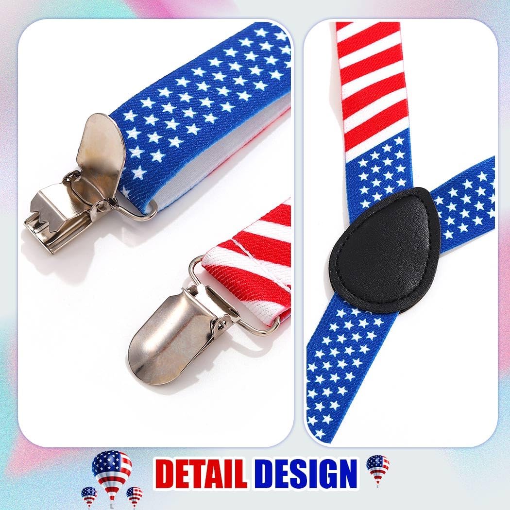 Zoestar 4th of July Suspenders Bow Tie Set Patriotic Suspender and Bowties Independence Day Costume Accessories for Men and Women