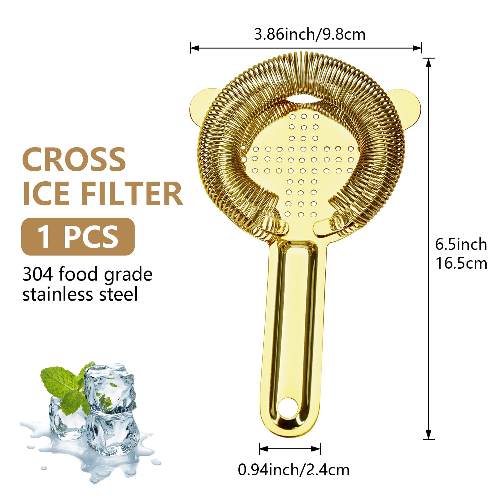 Cocktail Strainer, Stainless Steel Bar Strainer, Bar Tool Drink Strainer with Wire Spring for Professional Bartenders and Mixologists (1, Gold)