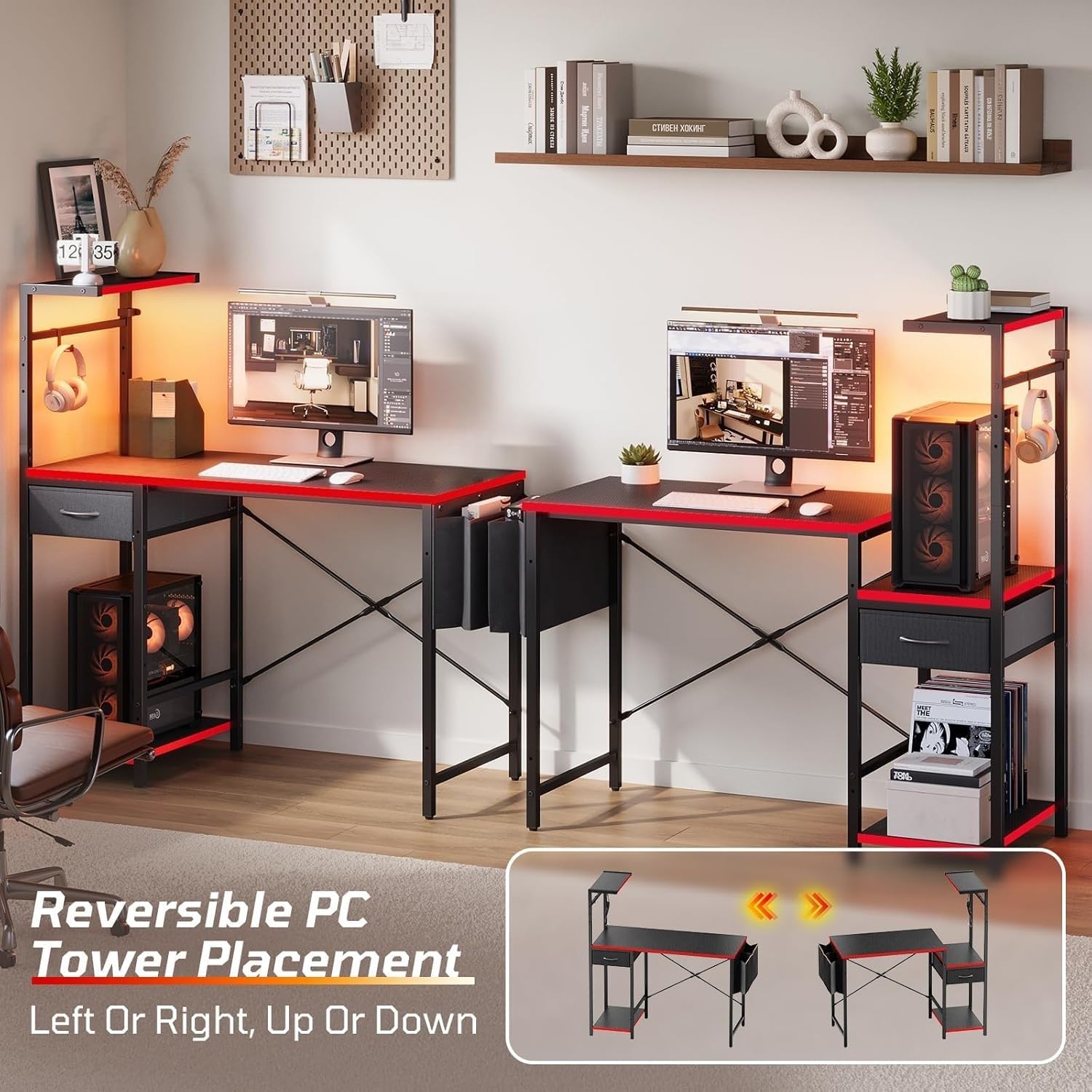 Bestier Gaming Desk with Drawer, 44 Inch Small Computer Desk with PC Shelf, Gaming Table with LED Lights for Small Spaces, Reversible Gamer Desk with Storage Bag & Side Hook, Black-RED - Image 5