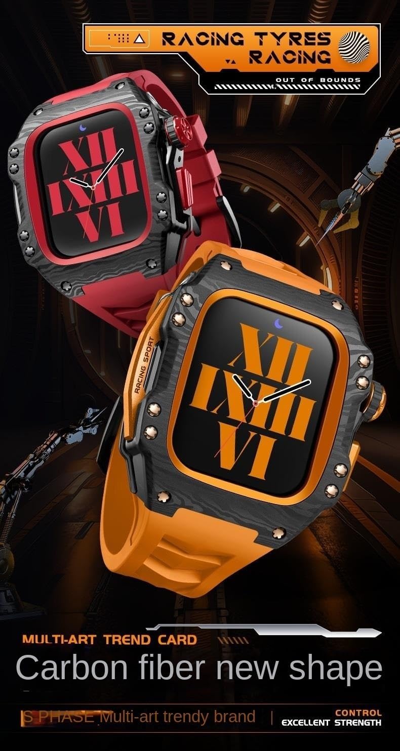 Rubber Strap Titanium Alloy Protective Case Kit，For Apple Watch 9 8 7 6 5 4 SE 44mm 45mm Modified Carbon Fiber Pattern Protective Case