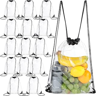 15 Pieces PVC Clear Drawstring Bag Small Waterproof Clear Plastic Drawstring Backpack For Stadiums Sporting Events (Black)