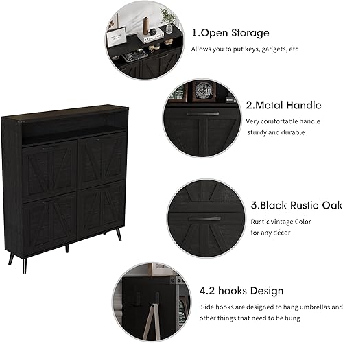 Miniatura 37 de Zapatero con 2 cajones abatibles y almacenamiento abierto, armario de almacenamiento de zapatos de granja para entrada, estante organizador estrecho