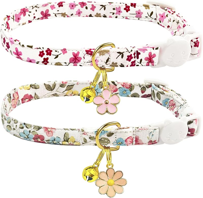 Coleira para Gatos de Algodão com Fecho de Segurança, Sino e Pingente Floral PETS ARE FUN – Pacote com 2 + Brinquedo