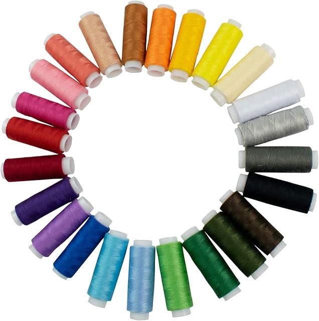 TRIXES 24 X Coloured Cotton Assorted Sewing Thread - Coloured Sewing Cotton Reels Kit - Multicoloured Sewing Accessories - Approximately 182 Metres per Polyester Spool