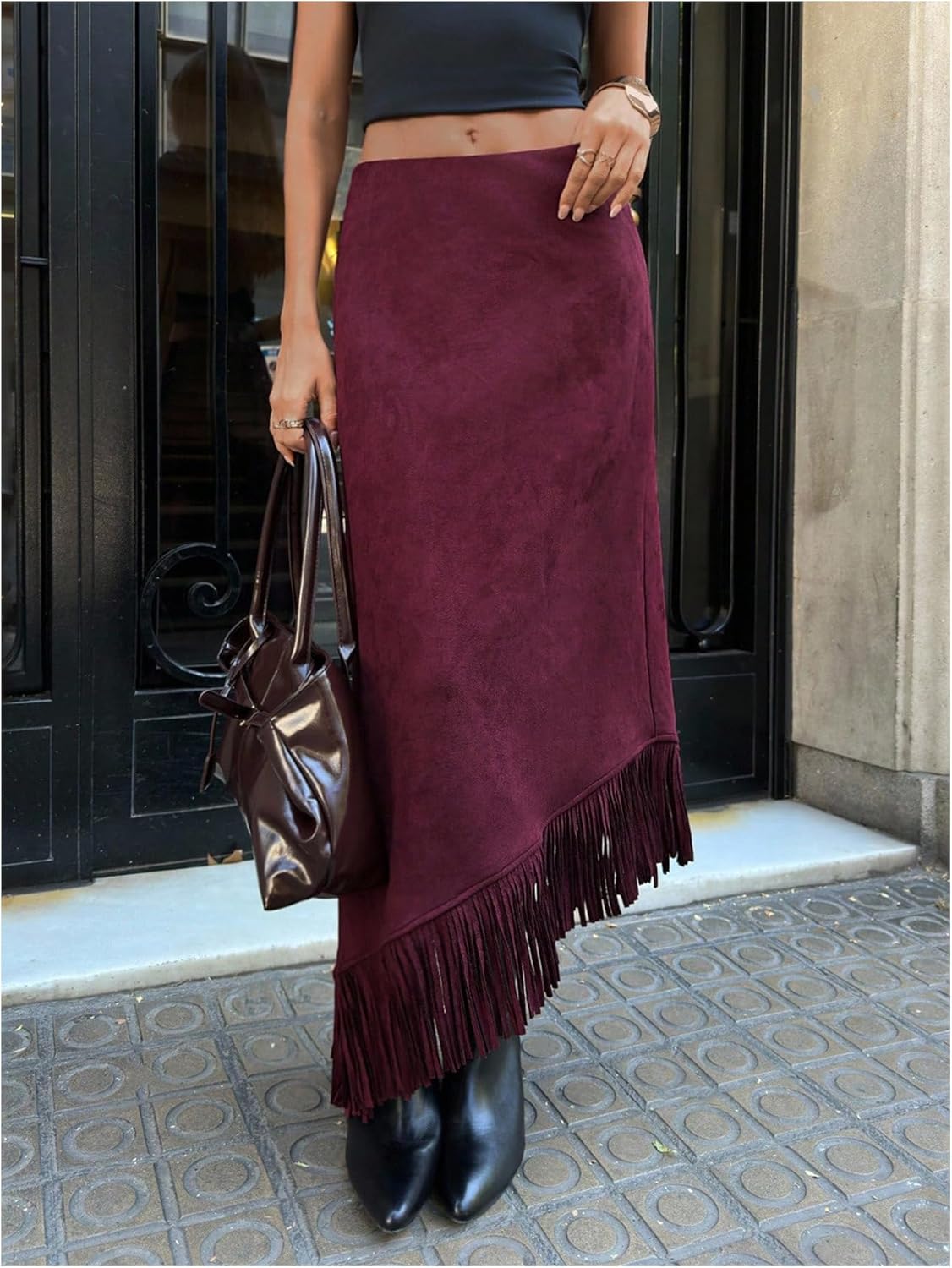 SOLY HUX Women's Fringe Trim Suede Skirts Western Vintage Party Asymmetrical Maxi Skirt