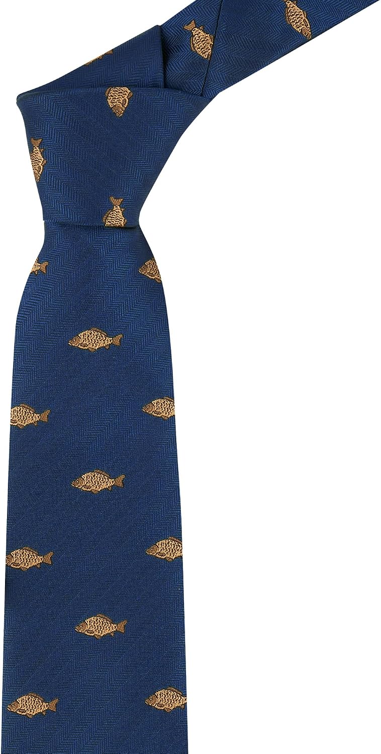 King & Priory Carp Fish Navy Blue Herringbone Embroidered Tie