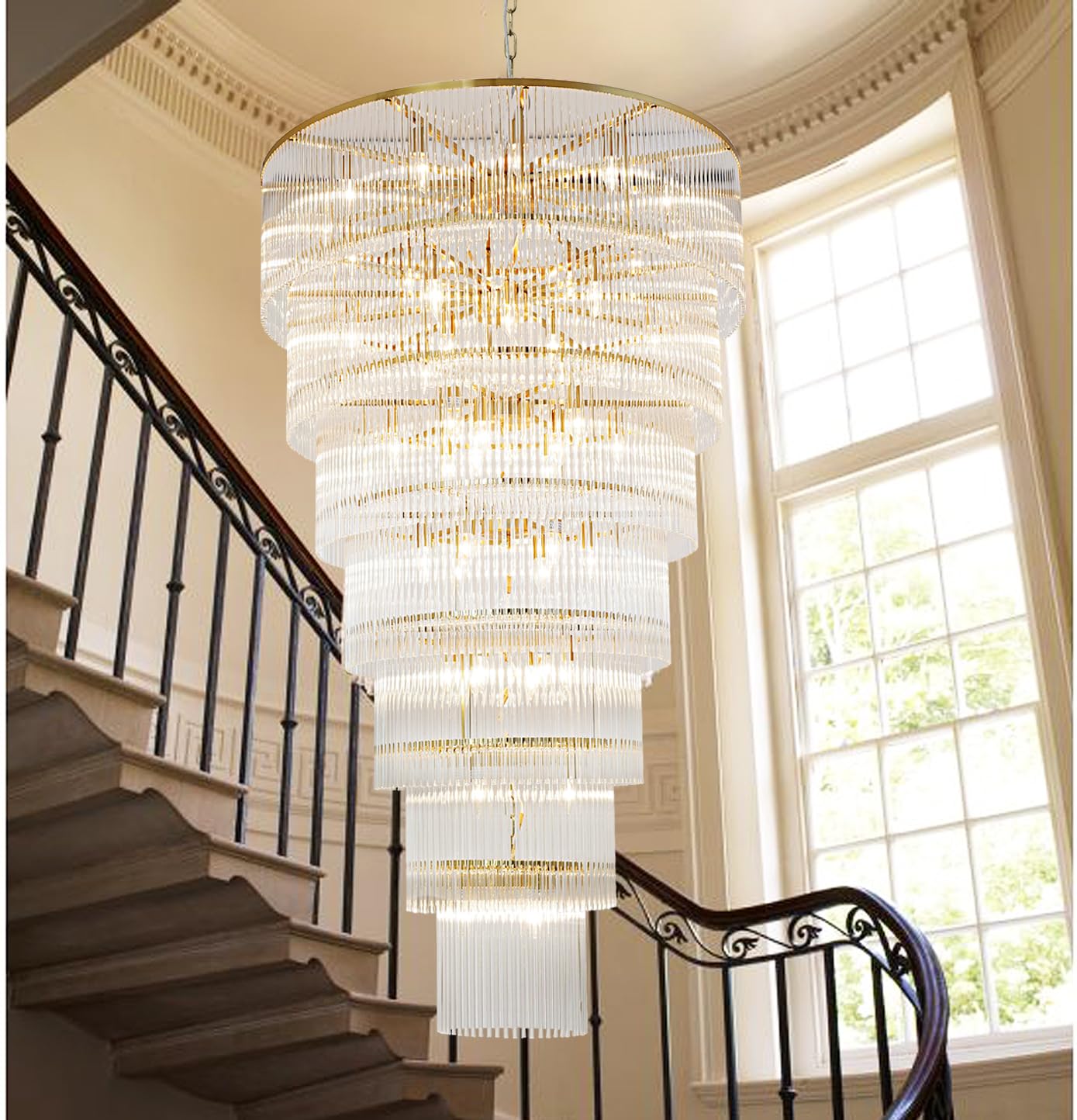 Extra Large Long Brass Chandelier for High Ceiling H68 Modern 7 Tiers Glass Staircase Chandelier Foyer Entryway Lighting