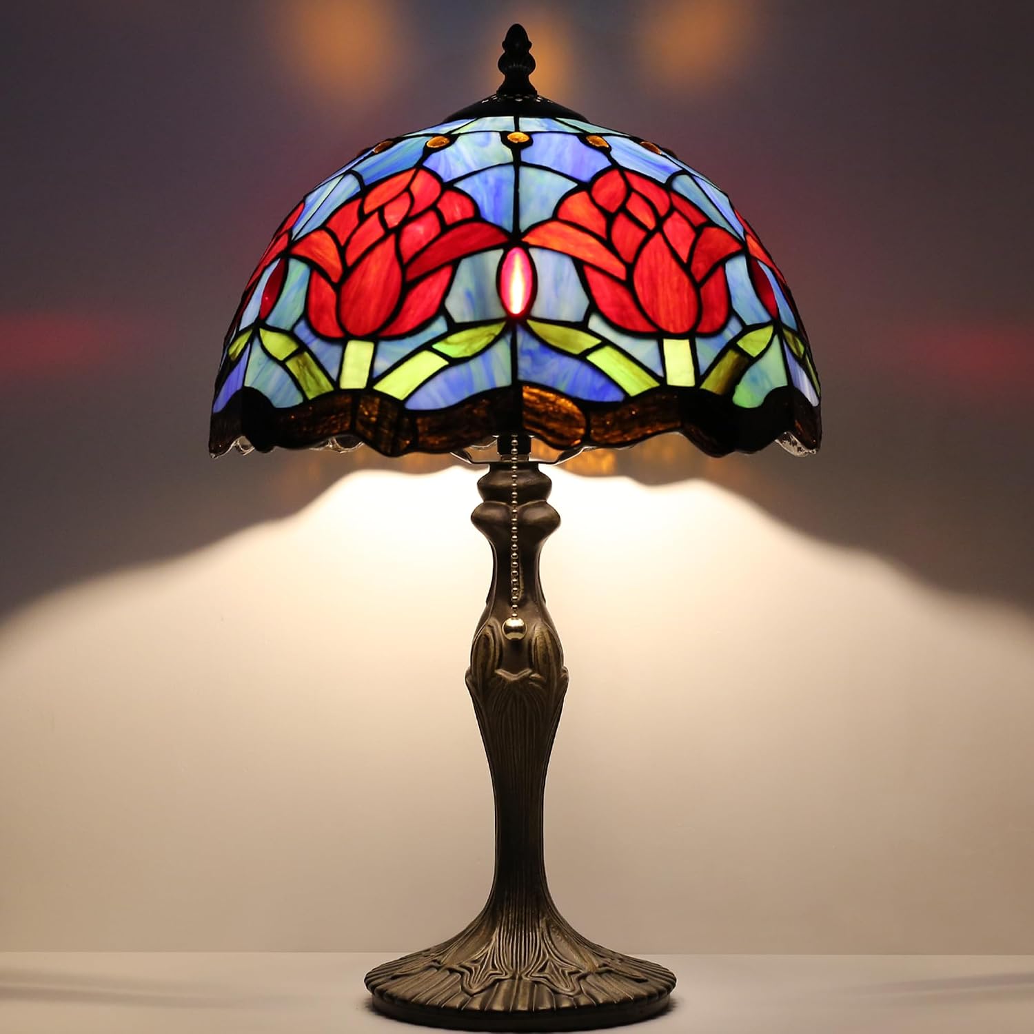 Tiffany Lamp Stained Glass Table Lamp 12” x 19” Red Tulips Style Bedside Reading Lamp Decorative Lamp for Desk Living Room Bedroom Office Study Light Home Decor Gift