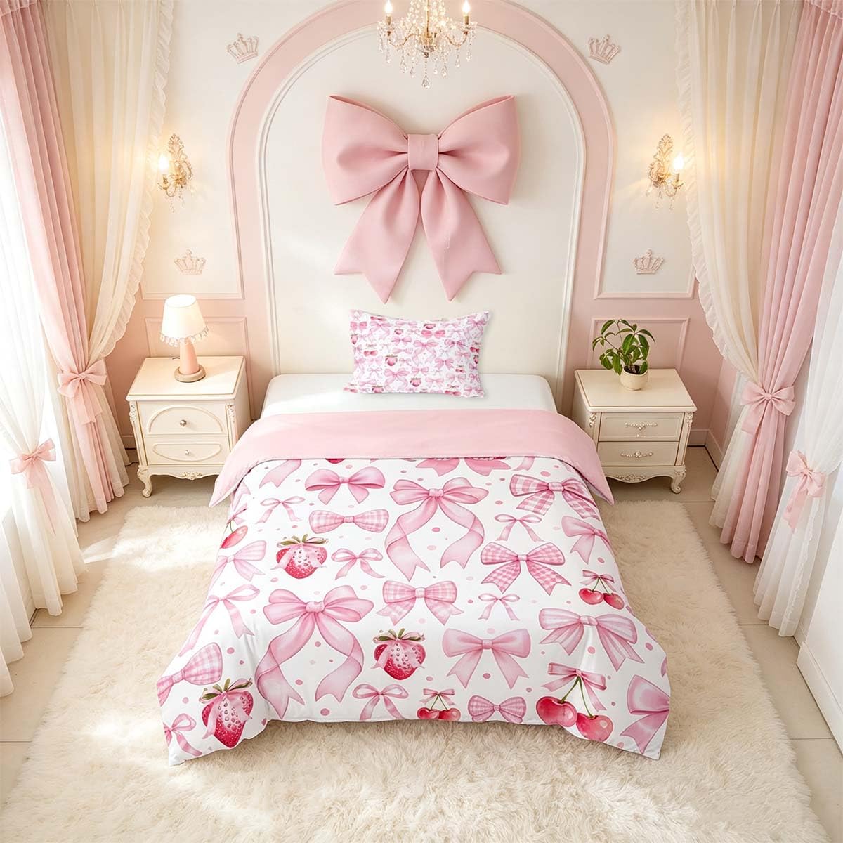 Homemissing Kawaii Strawberry Duvet Cover Single Size Pink Bow Comforter Cover for Boys Girls Cute Girls Bowknot Bedding Set 2Pcs Room Decor — image 1