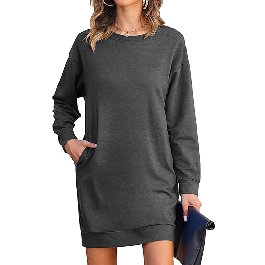 LuckyMore Womens Sweatshirt Dress Crewneck Lightweight Hoodies Casual Long Sleeve Pullover Sweater Dresses Dark Grey L