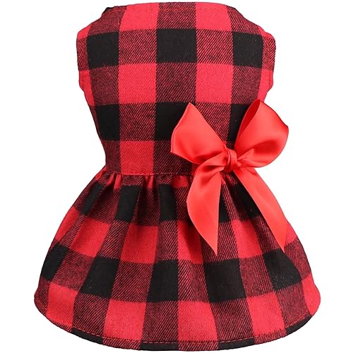 Buffalo Plaid Dog Dresses Cute Bowtie Clothes Cotton Soft Christmas Outfit Dog Costume for Small Dogs Cat Apparel (L)